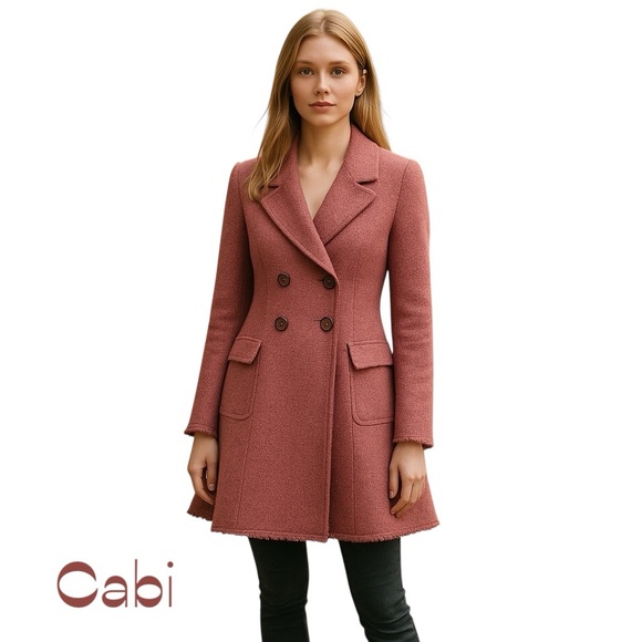 Cabi Pink Red Tweed Penny Lane Double-Breasted Euro Girl Long Coat NWOT Size 12 - Picture 1 of 13